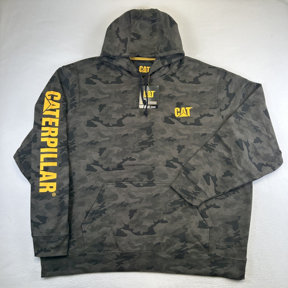 CAT Caterpillar Hoodie Mens 4XL Gray Camo Trademark Banner Sweatshirt Pullover